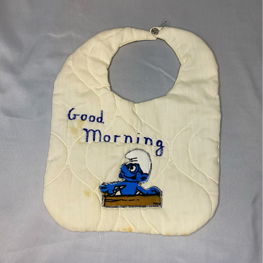 Vintage Smurfs Baby Bib 1980s Hand Embroidered